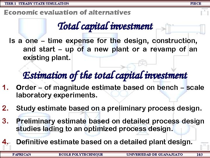 TIER 1 STEADY STATE SIMULATION PIECE Economic evaluation of alternatives Total capital investment Is