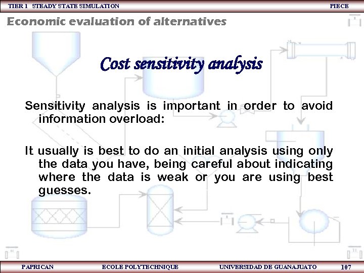 TIER 1 STEADY STATE SIMULATION PIECE Economic evaluation of alternatives Cost sensitivity analysis Sensitivity