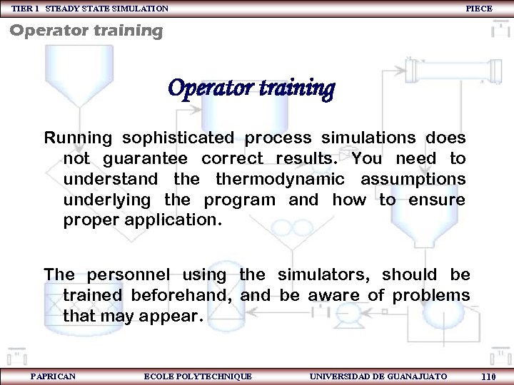 TIER 1 STEADY STATE SIMULATION PIECE Operator training Running sophisticated process simulations does not