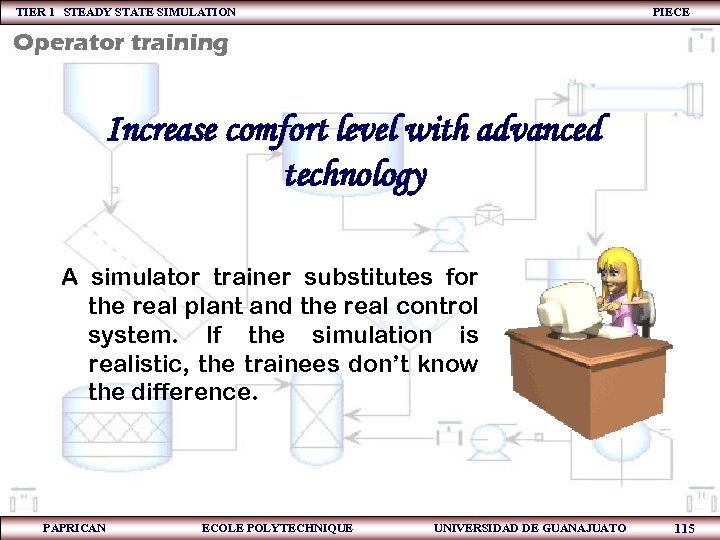 TIER 1 STEADY STATE SIMULATION PIECE Operator training Increase comfort level with advanced technology