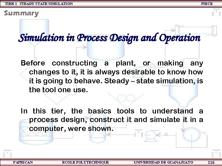 TIER 1 STEADY STATE SIMULATION PIECE Summary Simulation in Process Design and Operation Before