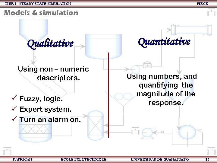 TIER 1 STEADY STATE SIMULATION PIECE Models & simulation Qualitative Using non – numeric