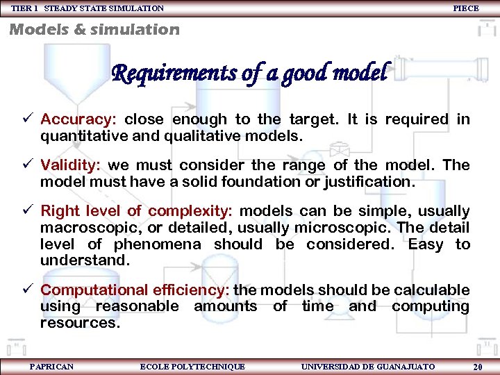 TIER 1 STEADY STATE SIMULATION PIECE Models & simulation Requirements of a good model