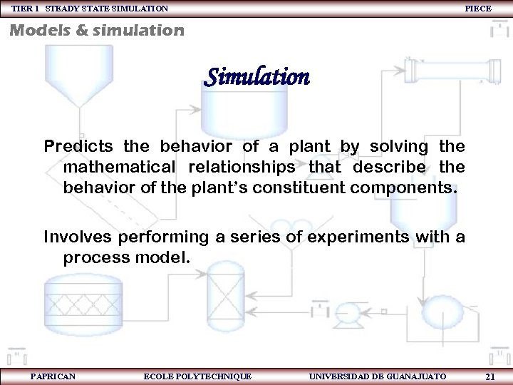 TIER 1 STEADY STATE SIMULATION PIECE Models & simulation Simulation Predicts the behavior of