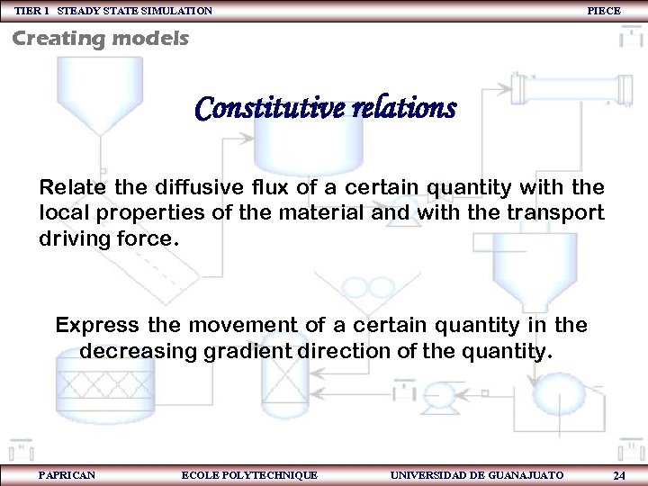TIER 1 STEADY STATE SIMULATION PIECE Creating models Constitutive relations Relate the diffusive flux