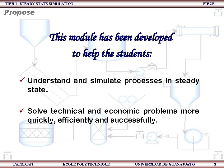 TIER 1 STEADY STATE SIMULATION PIECE Propose This module has been developed to help