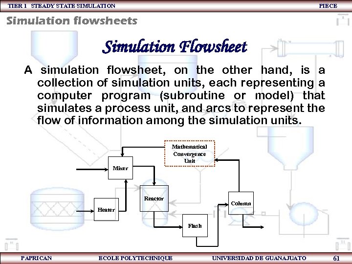 TIER 1 STEADY STATE SIMULATION PIECE Simulation flowsheets Simulation Flowsheet A simulation flowsheet, on