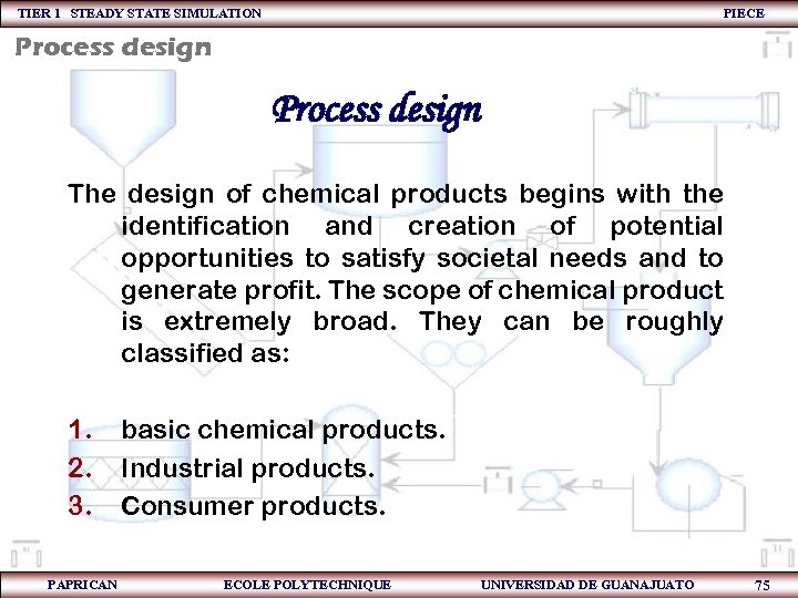 TIER 1 STEADY STATE SIMULATION PIECE Process design The design of chemical products begins