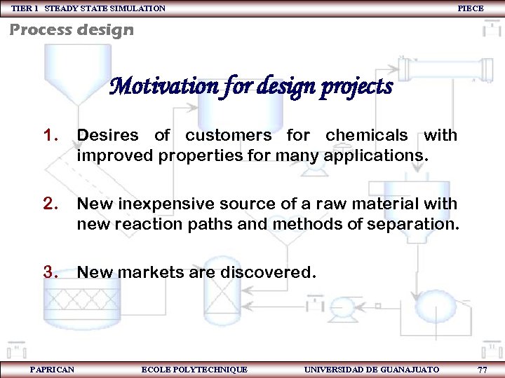 TIER 1 STEADY STATE SIMULATION PIECE Process design Motivation for design projects 1. Desires