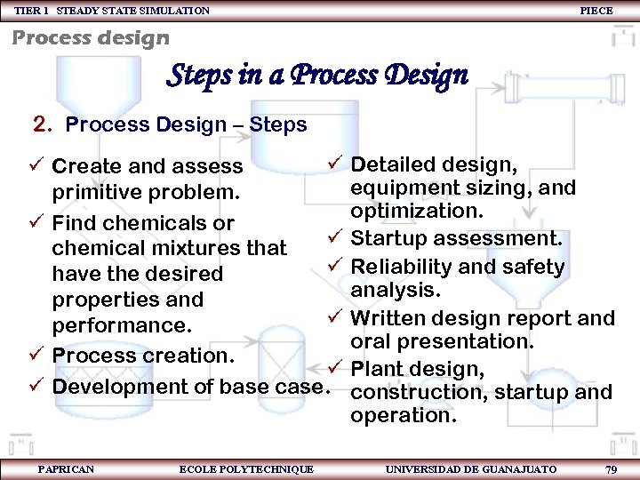 TIER 1 STEADY STATE SIMULATION PIECE Process design Steps in a Process Design 2.