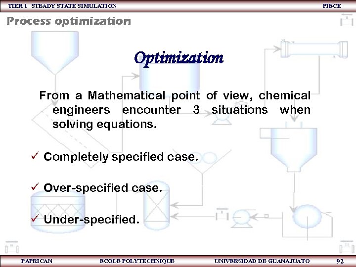 TIER 1 STEADY STATE SIMULATION PIECE Process optimization Optimization From a Mathematical point of