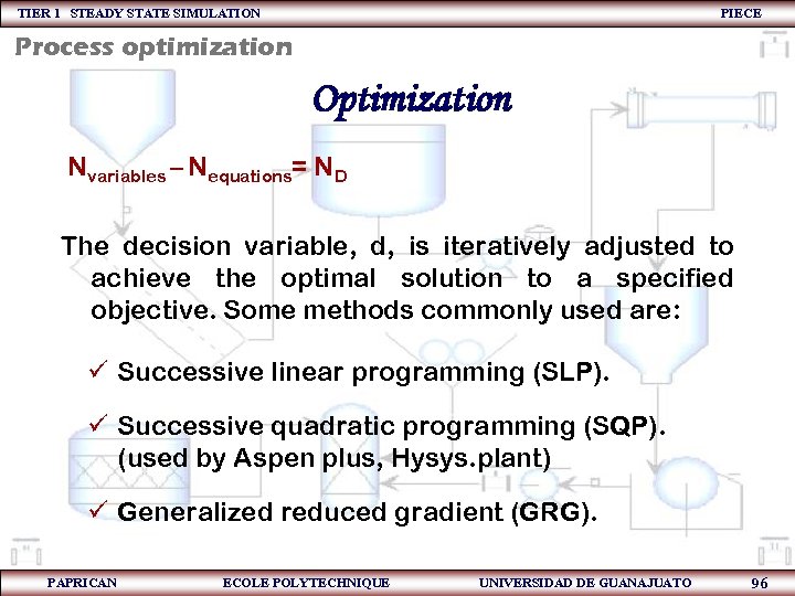 TIER 1 STEADY STATE SIMULATION PIECE Process optimization Optimization Nvariables – Nequations= ND The