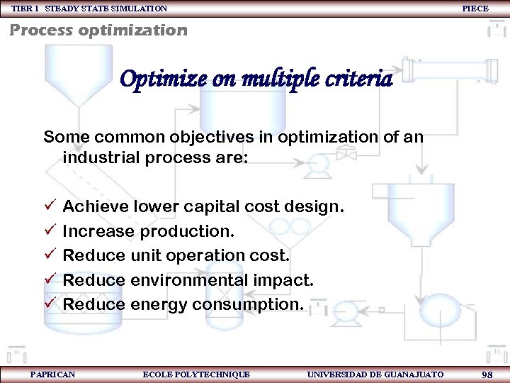 TIER 1 STEADY STATE SIMULATION PIECE Process optimization Optimize on multiple criteria Some common