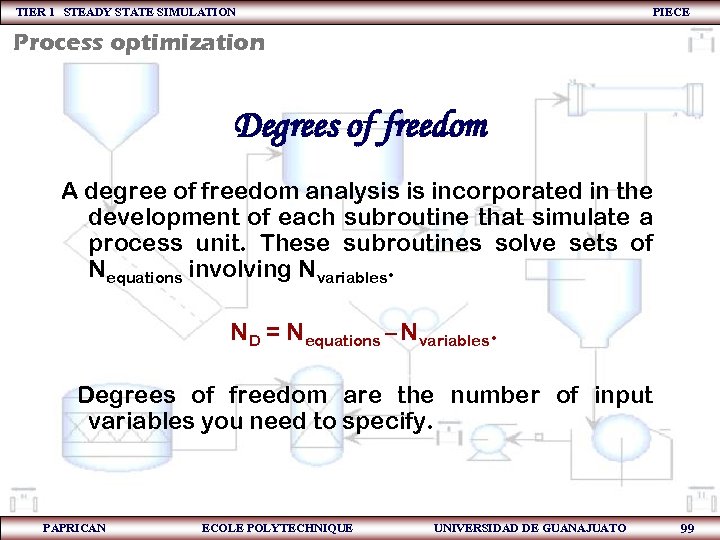 TIER 1 STEADY STATE SIMULATION PIECE Process optimization Degrees of freedom A degree of