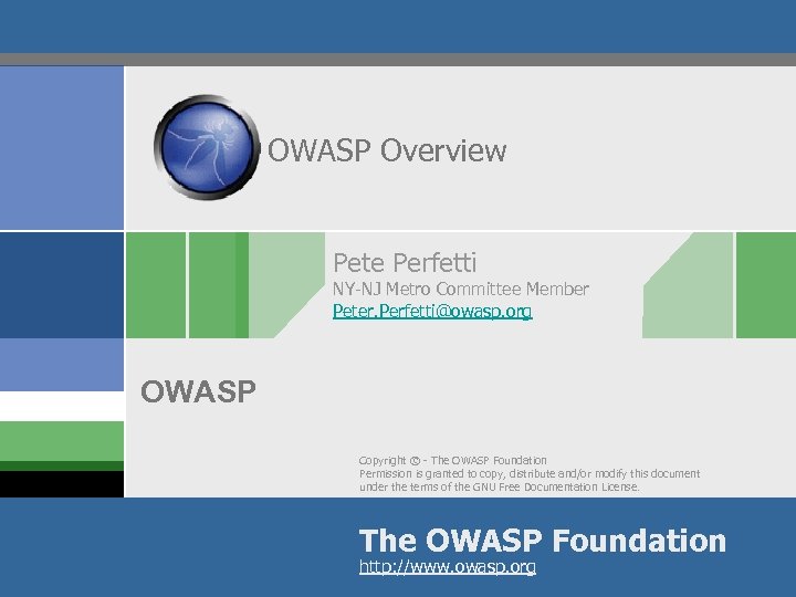 OWASP Overview Pete Perfetti NY-NJ Metro Committee Member Peter. Perfetti@owasp. org OWASP Copyright ©