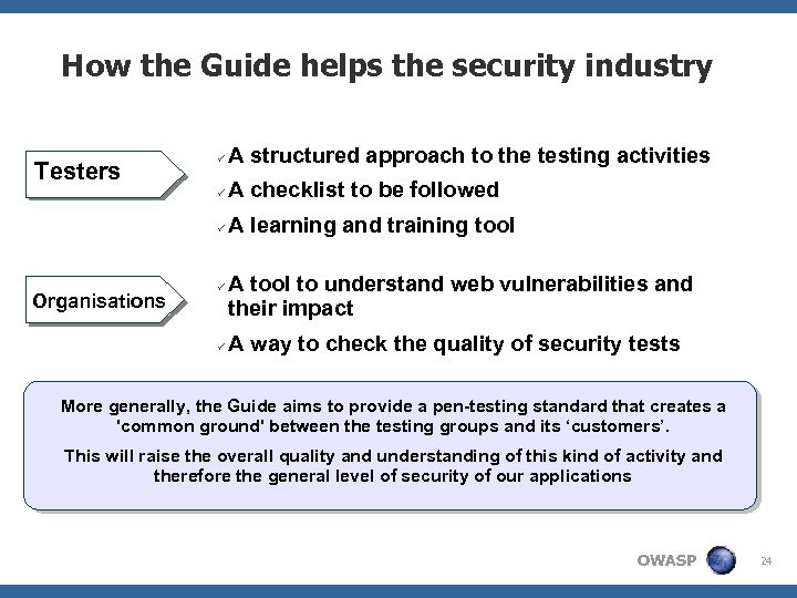 How the Guide helps the security industry A checklist to be followed Organisations A