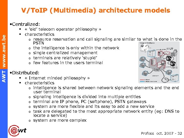 V/To. IP (Multimedia) architecture models AWT www. awt. be • Centralized: § « ’old’