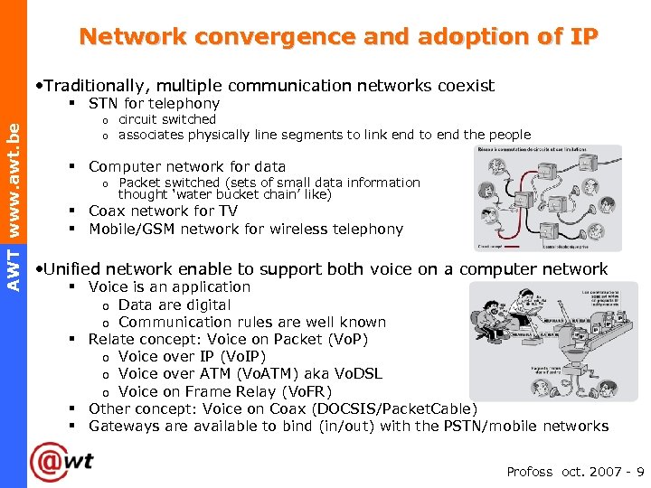 Network convergence and adoption of IP • Traditionally, multiple communication networks coexist AWT www.