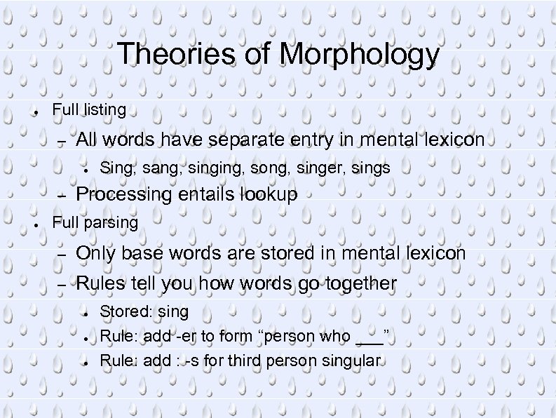 Theories of Morphology ● Full listing – All words have separate entry in mental