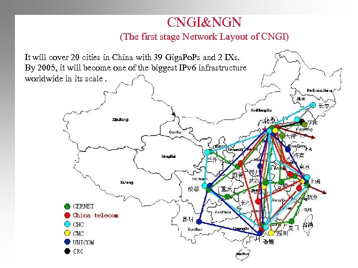 CNGI&NGN (The first stage Network Layout of CNGI) It will cover 20 cities in