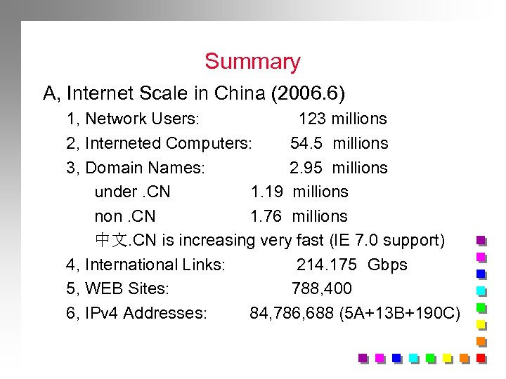 Summary A, Internet Scale in China (2006. 6) 1, Network Users: 123 millions 2,
