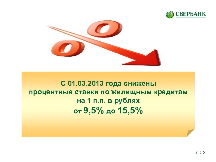 C 01. 03. 2013 года снижены процентные ставки по жилищным кредитам на 1 п.