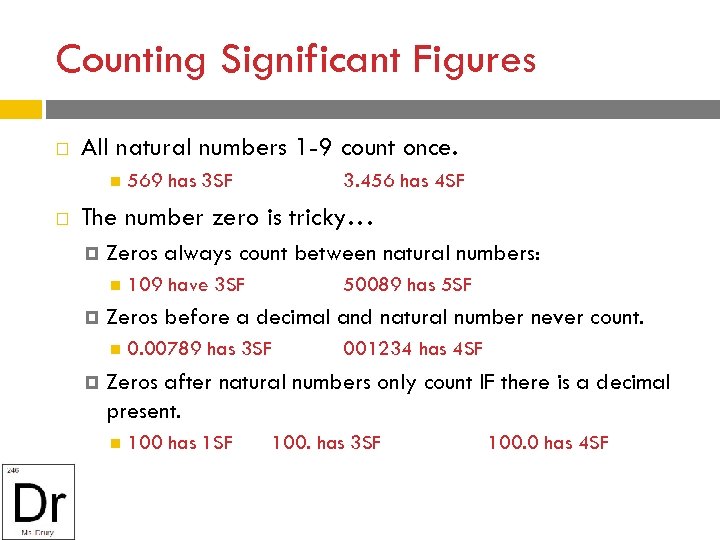 Counting Significant Figures All natural numbers 1 -9 count once. 569 has 3 SF