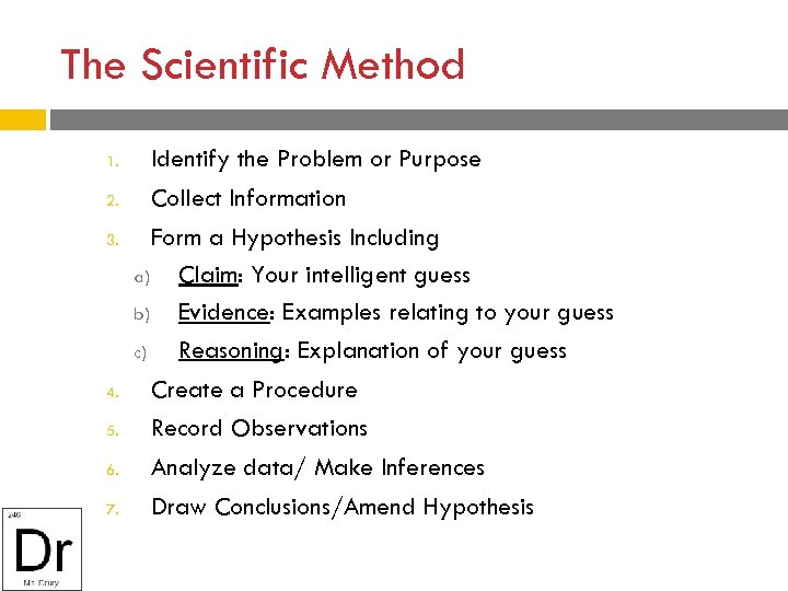 The Scientific Method 1. 2. 3. 4. 5. 6. 7. Identify the Problem or