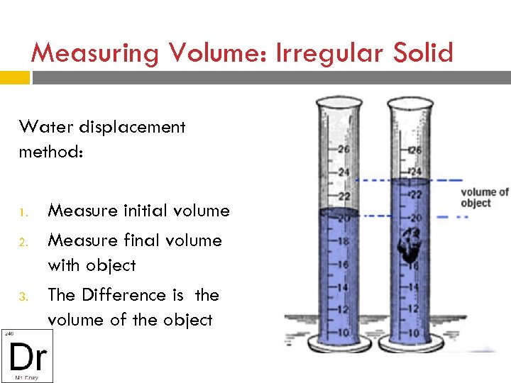 Measuring Volume: Irregular Solid Water displacement method: 1. 2. 3. Measure initial volume Measure
