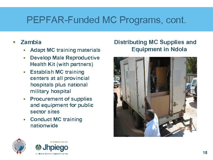 PEPFAR-Funded MC Programs, cont. § Zambia § Adapt MC training materials Distributing MC Supplies