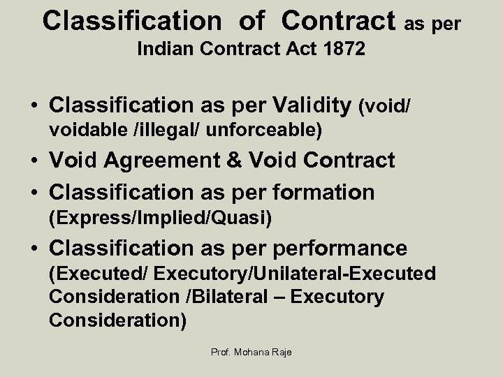 Classification of Contract as per Indian Contract Act 1872 • Classification as per Validity