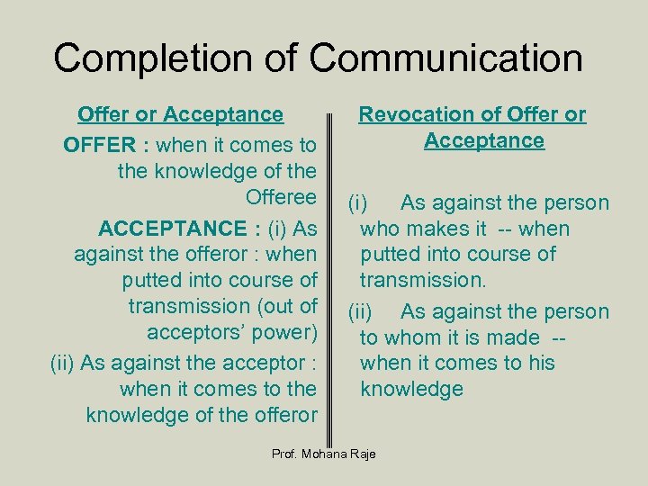 Completion of Communication Offer or Acceptance Revocation of Offer or Acceptance OFFER : when