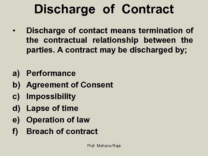 Discharge of Contract • Discharge of contact means termination of the contractual relationship between