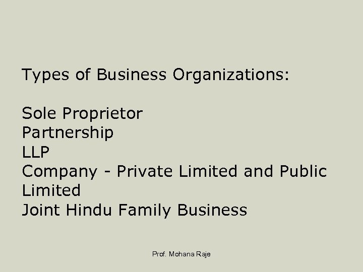 Types of Business Organizations: Sole Proprietor Partnership LLP Company - Private Limited and Public