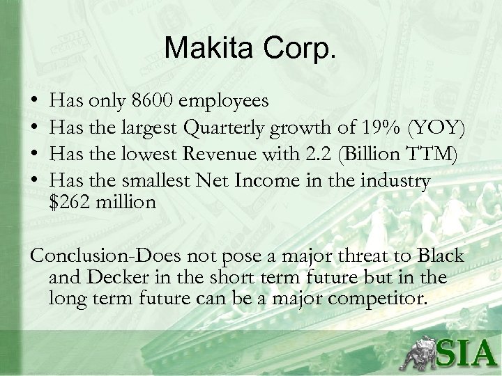 Makita Corp. • • Has only 8600 employees Has the largest Quarterly growth of