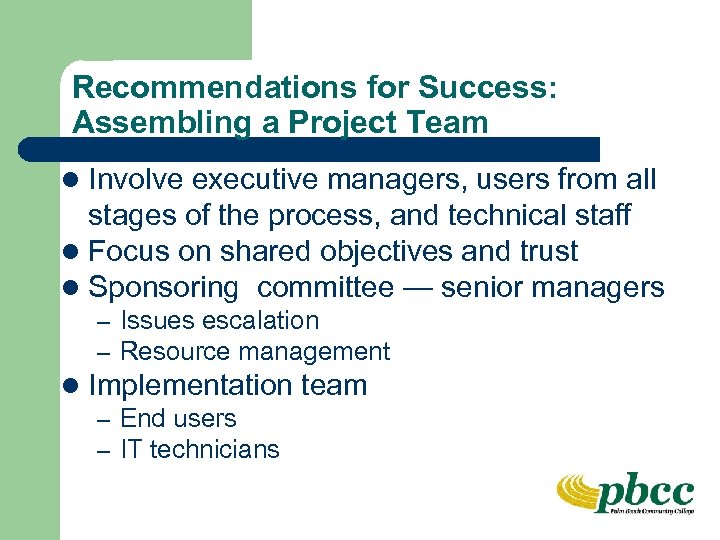 Recommendations for Success: Assembling a Project Team l Involve executive managers, users from all