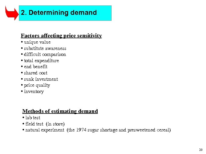 2. Determining demand Factors affecting price sensitivity • unique value • substitute awareness •
