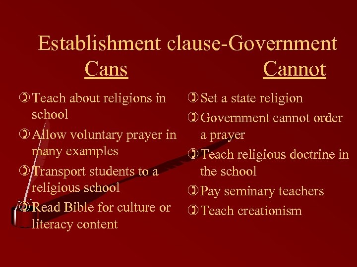 Establishment clause-Government Cans Cannot ) Teach about religions in school ) Allow voluntary prayer