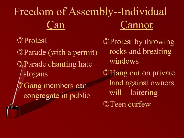 Freedom of Assembly--Individual Cannot )Protest by throwing )Parade (with a permit) rocks and breaking