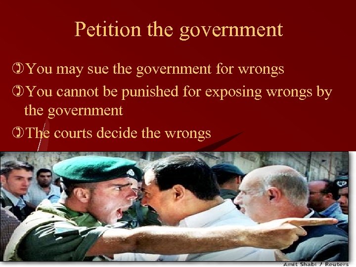 Petition the government )You may sue the government for wrongs )You cannot be punished
