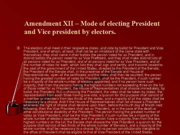 Amendment XII – Mode of electing President and Vice president by electors. ) The