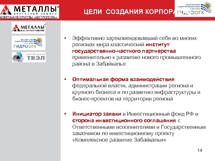 ЦЕЛИ СОЗДАНИЯ КОРПОРАЦИИ • Эффективно зарекомендовавший себя во многих регионах мира классический институт государственно-частного