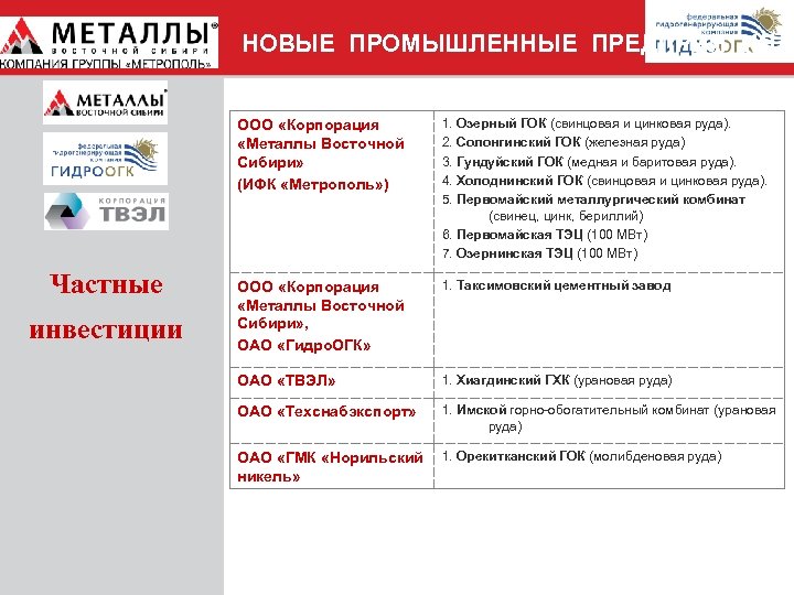 НОВЫЕ ПРОМЫШЛЕННЫЕ ПРЕДПРИЯТИЯ ООО «Корпорация «Металлы Восточной Сибири» (ИФК «Метрополь» ) Частные инвестиции 1.