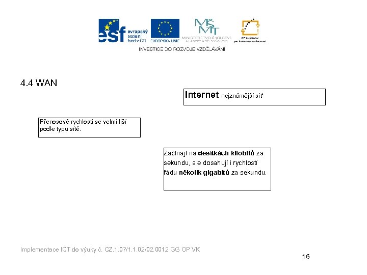 4. 4 WAN Internet nejznámější síť Přenosové rychlosti se velmi liší podle typu sítě.