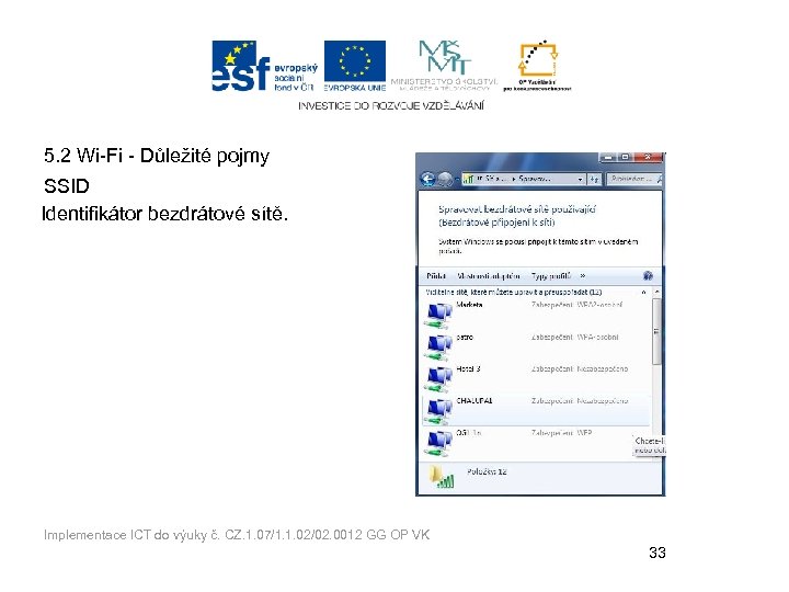 5. 2 Wi-Fi - Důležité pojmy SSID Identifikátor bezdrátové sítě. Implementace ICT do výuky