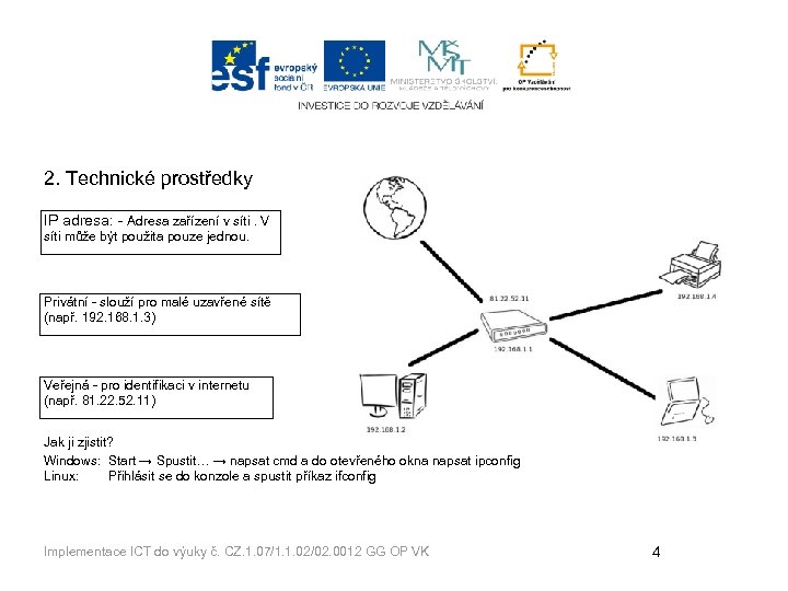 2. Technické prostředky IP adresa: - Adresa zařízení v síti. V síti může být