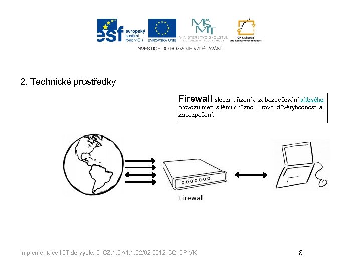 2. Technické prostředky Firewall slouží k řízení a zabezpečování síťového provozu mezi sítěmi s