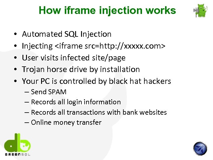How iframe injection works • • • Automated SQL Injection Injecting <iframe src=http: //xxxxx.