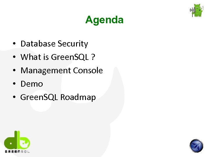 Agenda • • • Database Security What is Green. SQL ? Management Console Demo