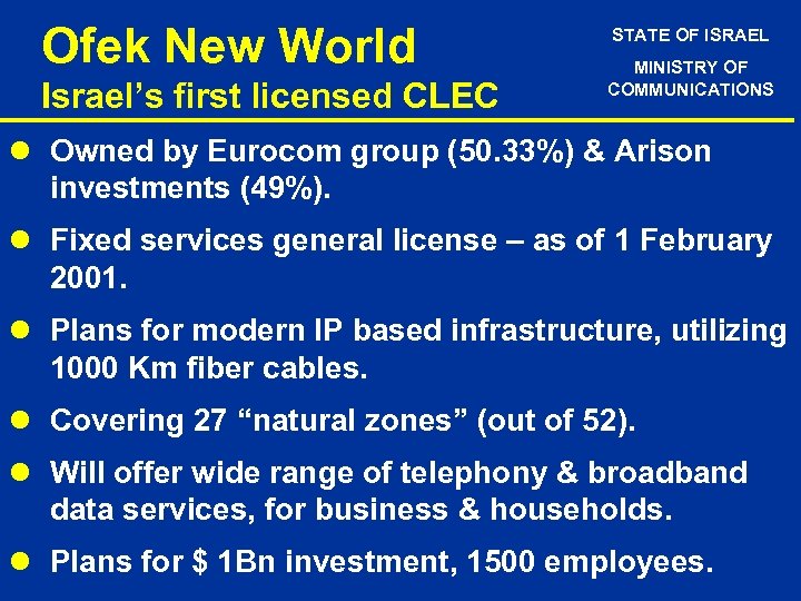 Ofek New World Israel’s first licensed CLEC STATE OF ISRAEL MINISTRY OF COMMUNICATIONS l